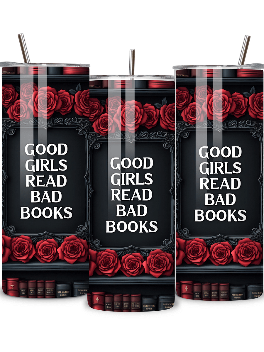Goth 20oz Skinny Tumbler with Metal Straw – Elegant Red Rose and Library Design – Double-Walled Insulated Stainless Steel Tumbler for Hot & Cold Drinks, Gift for Goth Book Lover product image (2)