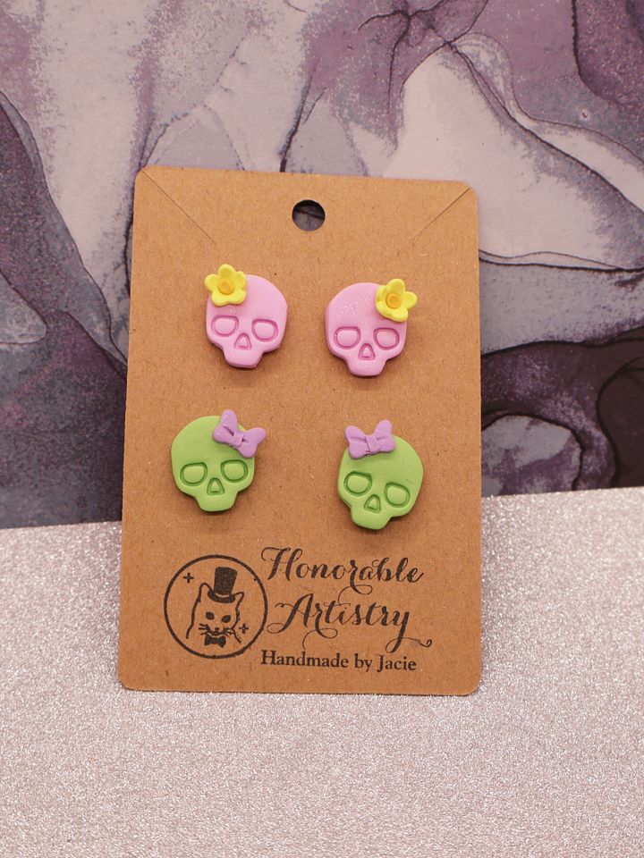 Double Skull Stud Earrings - Polymer Clay product image (12)