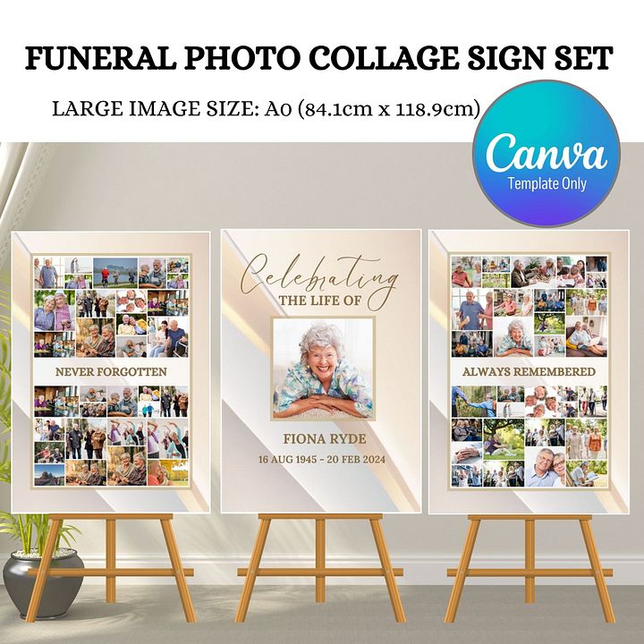 Light Golden Tones Funeral Photo Collage Sign Set Canva Template product image (1)