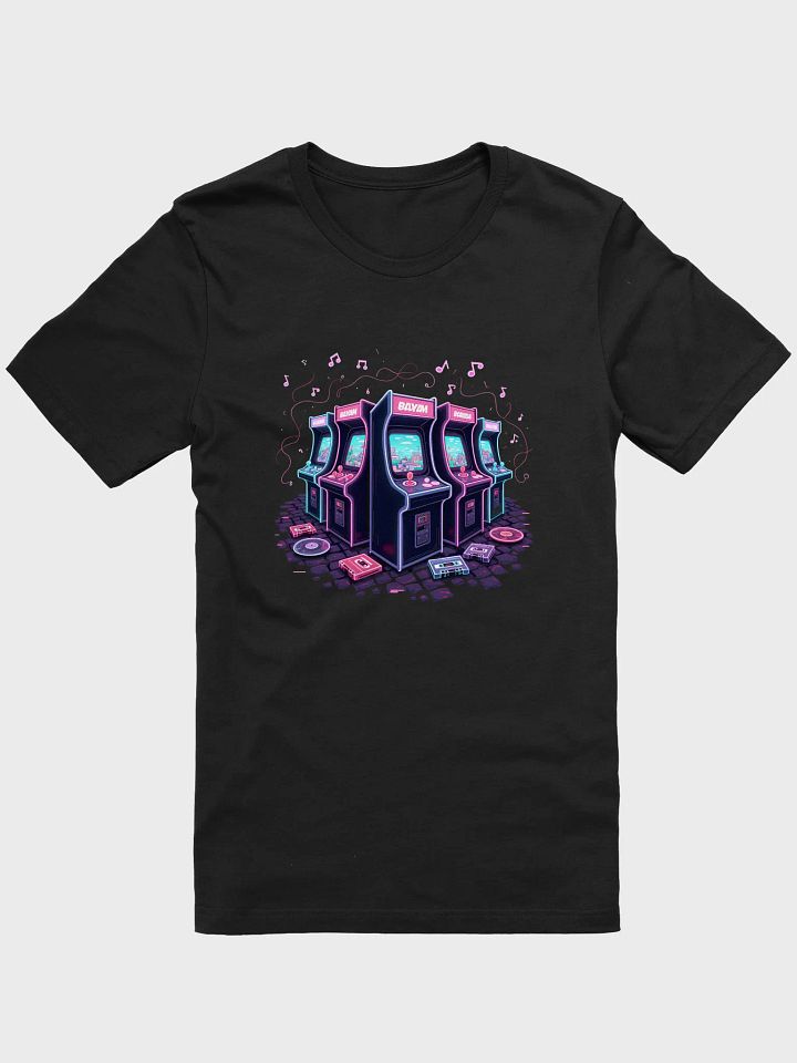 Step into the Electric Dreamscape: Retro Arcade Machines Illuminated by Neon Musical Notes - Unleash Your Inner Gamer and Music Lover with This Exclusive T-Shirt Design product image (1)