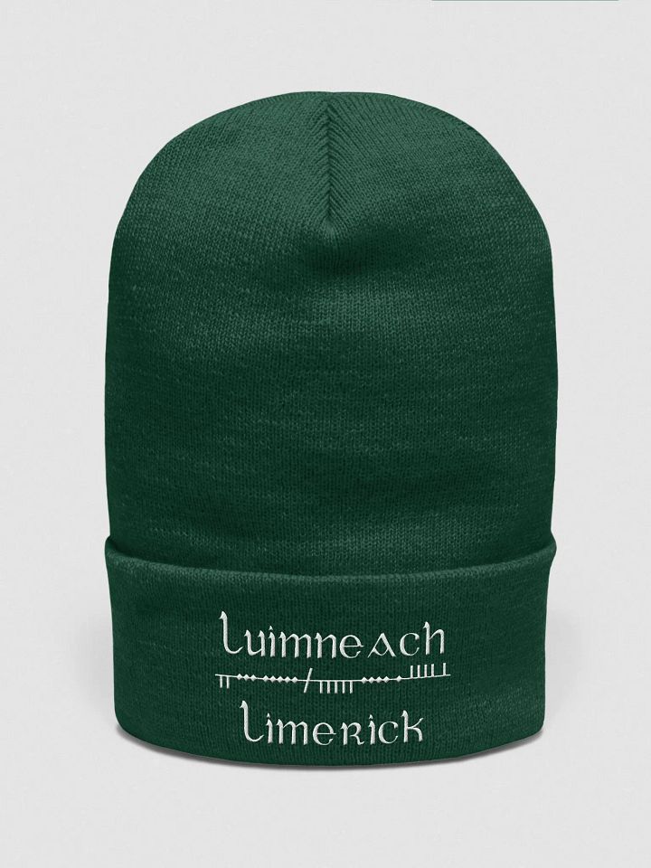 Limerick/Luimneach Scholastic style Ogham, green with white, embroidered Cuffed Beanie product image (1)