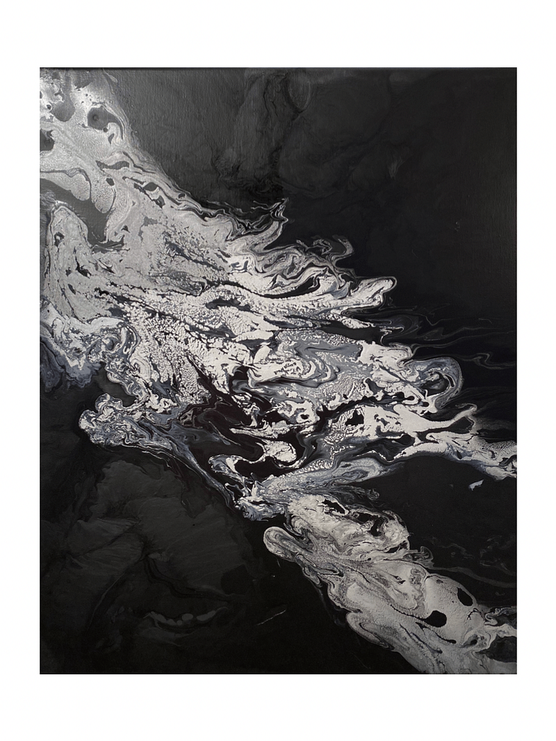 Black & Silver Abstract Acrylic Pour Painting on 16x20 Inch Canvas