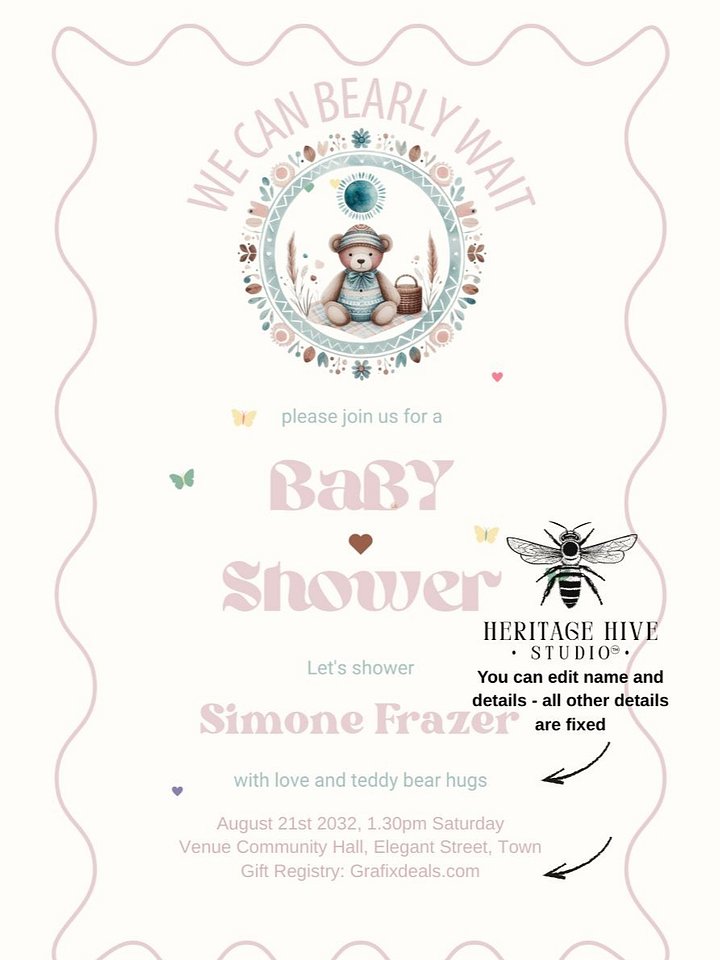 Editable Baby Shower Invitations | Edit in Canva | Instant Download Template | Teddy Bear Girls Pink product image (2)