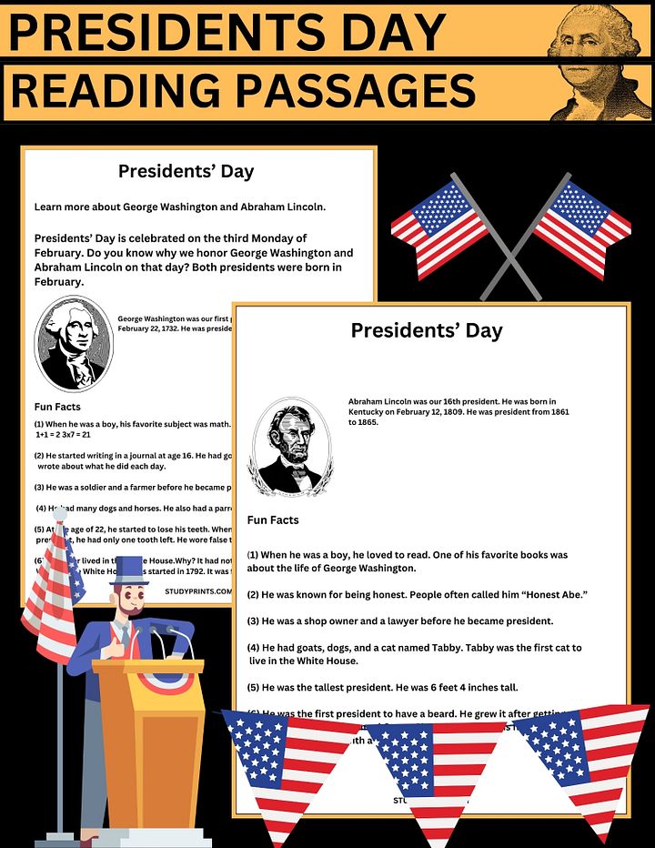 Presidents Day Reading Comprehension passages George Washington & Abraham Lincoln product image (1)