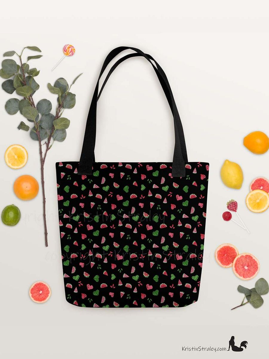 Tossed Watermelons and Hearts on Black Reusable Tote Bag product image (8)