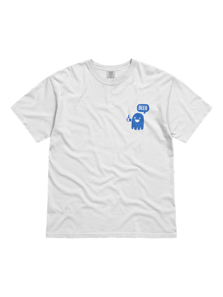Funny Blue Ghost Beer T-Shirt – White Pocket Print Tee with Cute Ghost Drinking Beer Design product image (81)