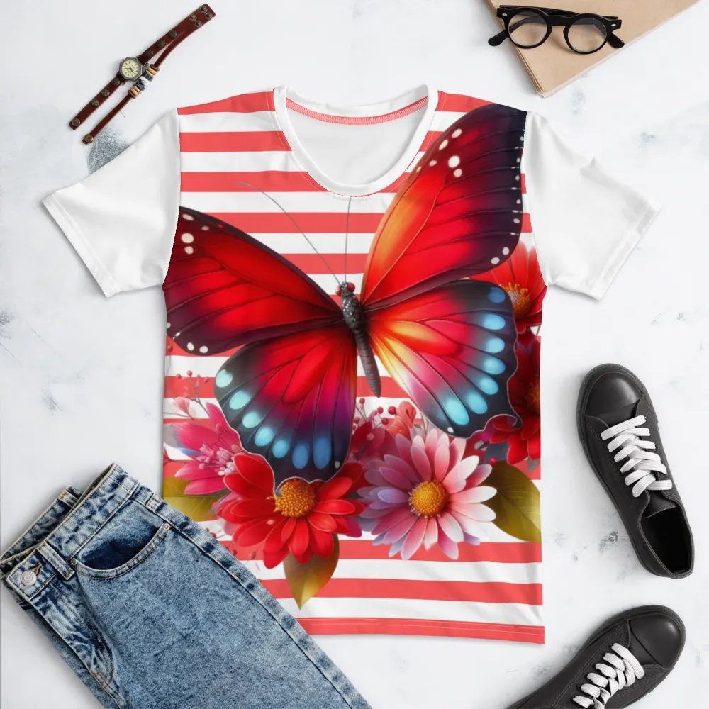 Vibrant Butterfly Paradise Red Stripped Women's T-Shirt product image (4)