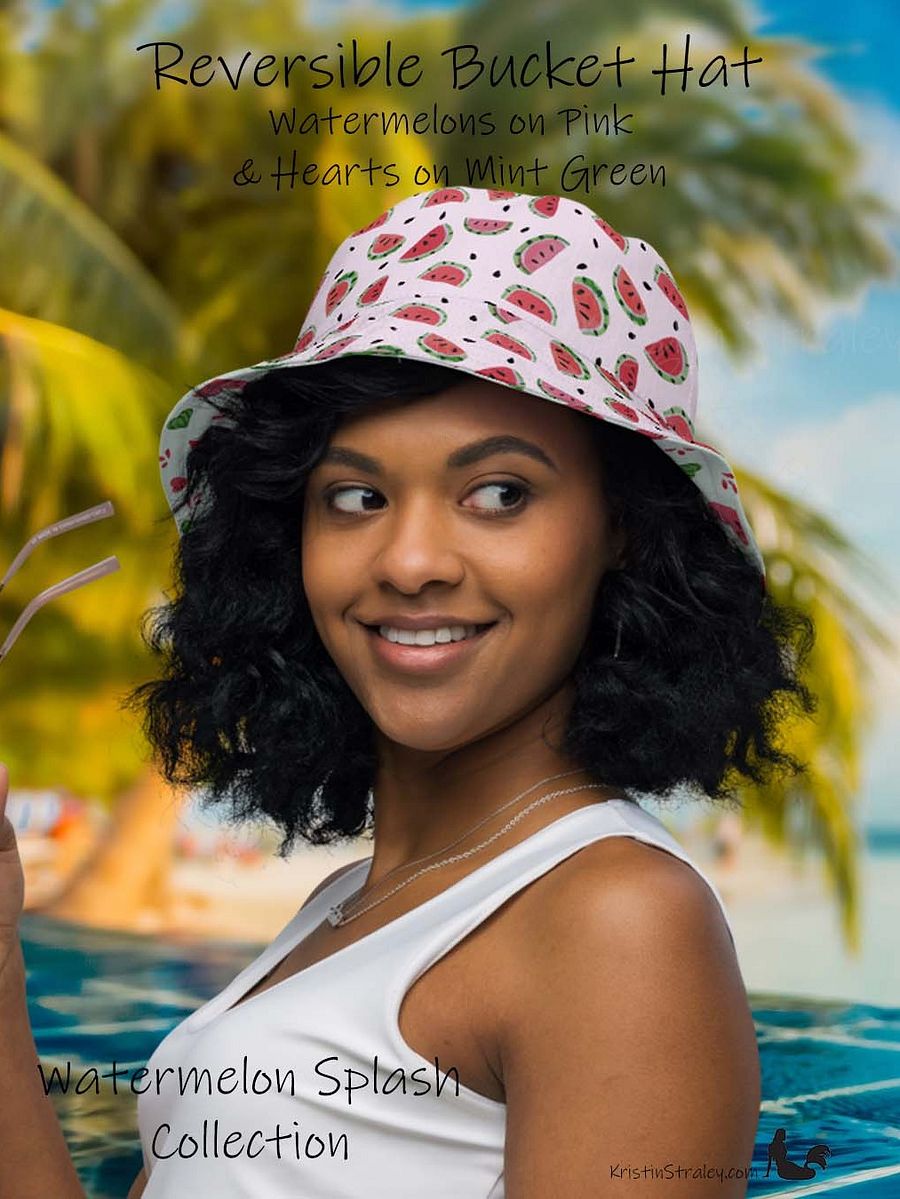 Watermelon Splash Reversible Bucket Hat Watermelons and Hearts product image (1)