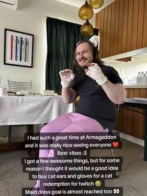 I had such a great time at Armageddon and it was really nice seeing everyone ❤️ Best vibes :3 I got a few awesome things, but for some reason I thought it would be a good idea to buy cat ears and gloves for a cat redemption for twitch 🤣 Maid dress goal is almost reached too 👀 #VTuber #Catboy #Convention 