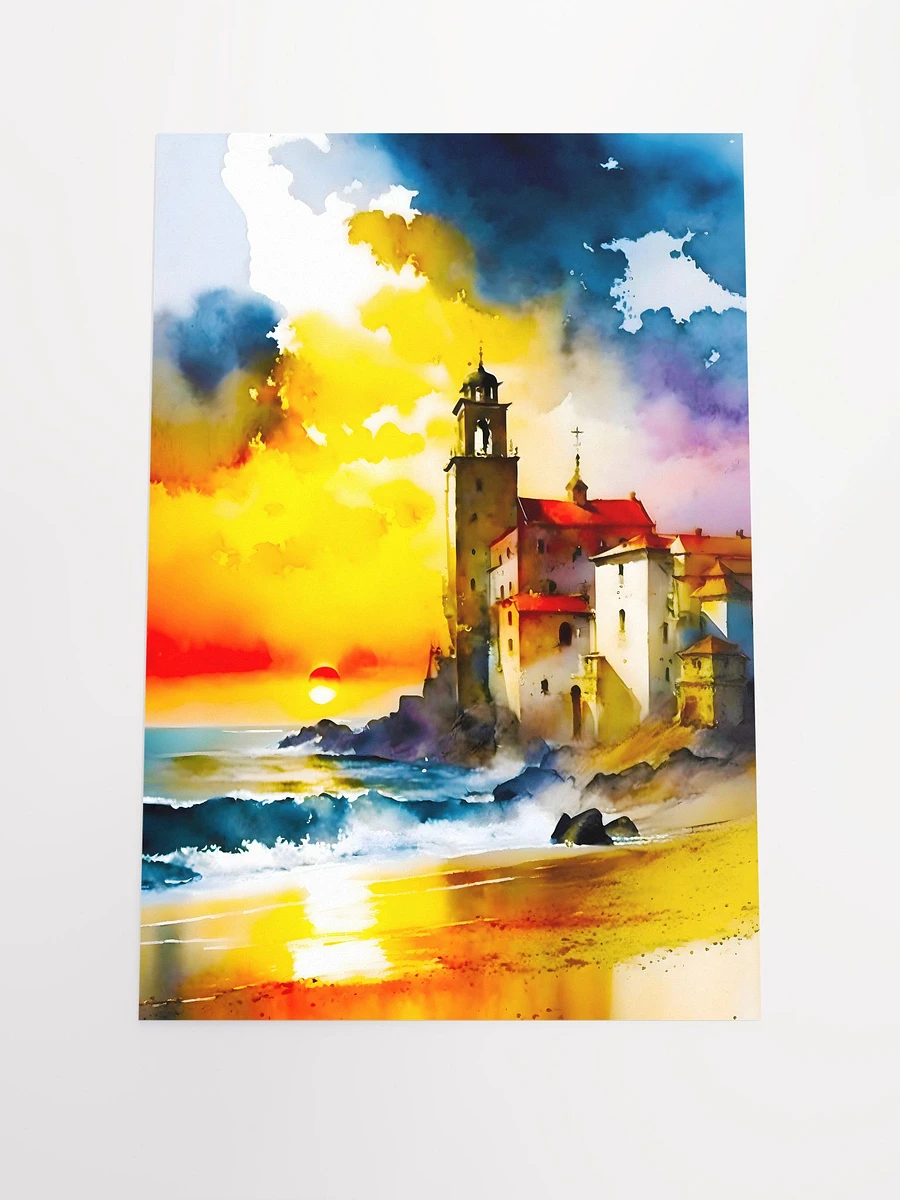 Old European Coastal Lighthouse at Sunset with Stunning Beach Watercolor Art Matte Poster product image (3)