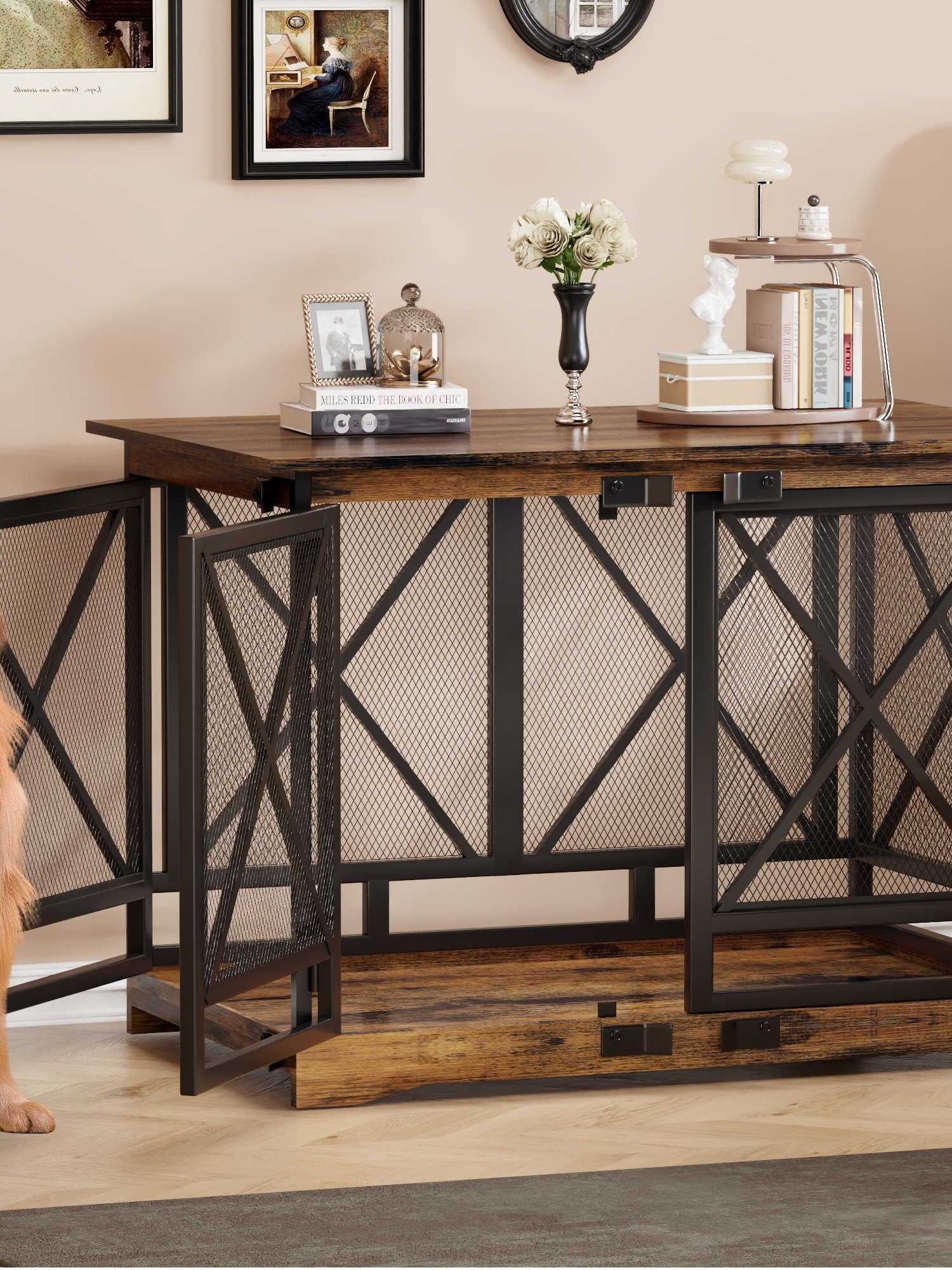 48 inch Extra Large Dog Crate Furniture,Double Door Indoor Kennel,End Side Table Wooden Dog Crates,Anti-Chew Anti-Escape, Wood product image (9)