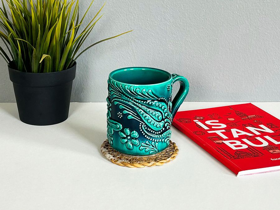 Ceramic handmade coffee mug, turquoise/green/emerald cup — handmade pottery, handmade ceramic, home decor, handmade gift, Turkish ceramic product image (5)