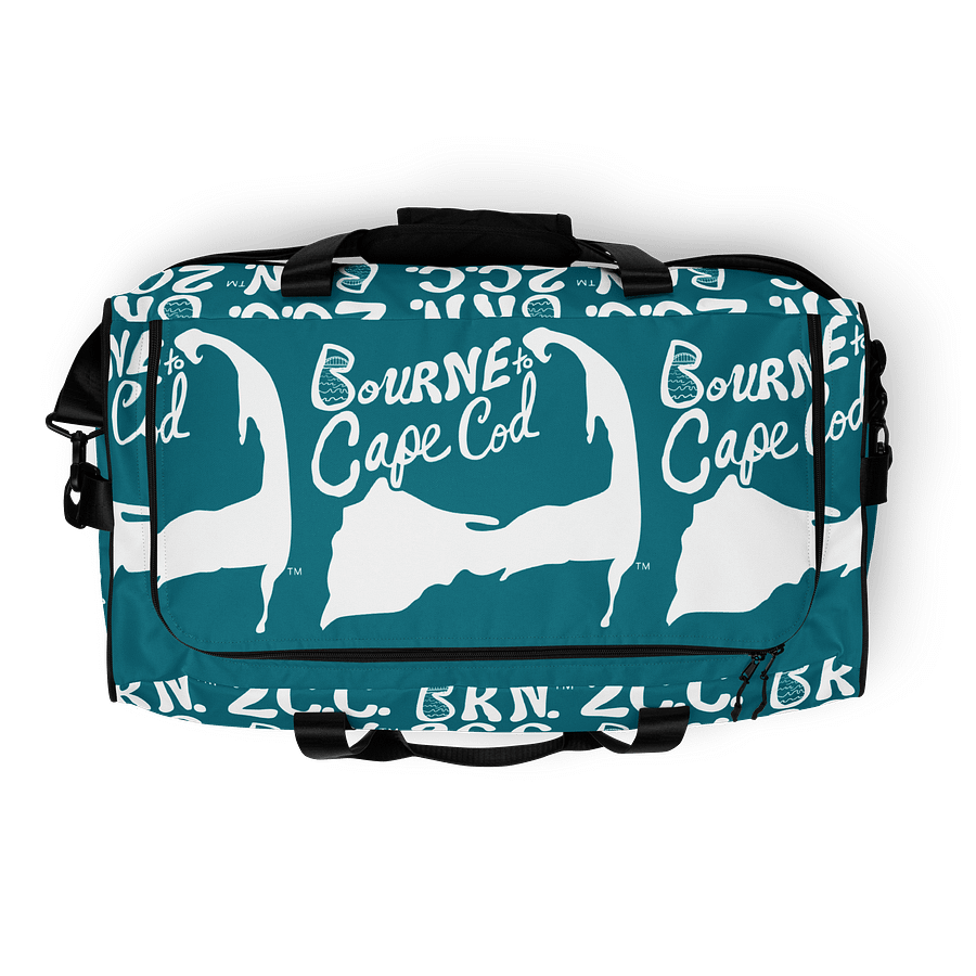 BOURNE to Cape Cod™ | Duffle Bag | BRN.2C.C.™ | Coastal Gym & Travel Gear | 22" All-Over Print Weekender | White Logos on Calm Medium Blue product image (8)