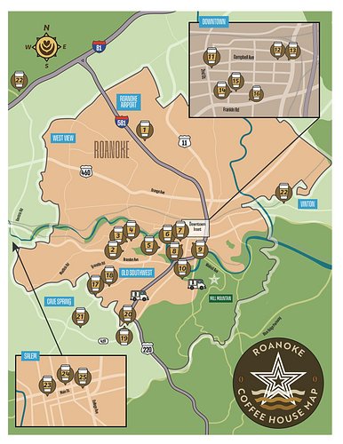 Latest in my Virginia Coffee Map series is Roanoke. I may add an additional map for the surrounding areas too. Over 20 indie ...