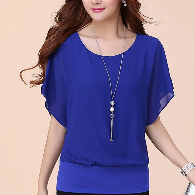 Women Batwing Short Sleeve Chiffon Shirt Summer Tops Loose Blouse Fall Polyester product image (2)