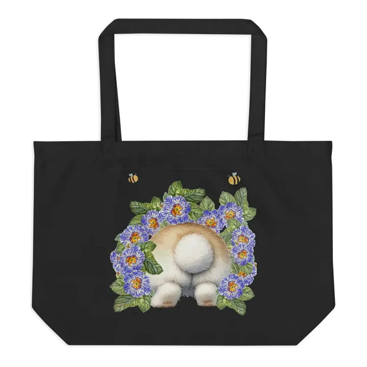 Garden Whispers: Bunny and the Primula Zebra Blues Organic Cotton Tote Bag (Large) - Eco-Friendly, Durable, Stylish product image (1)