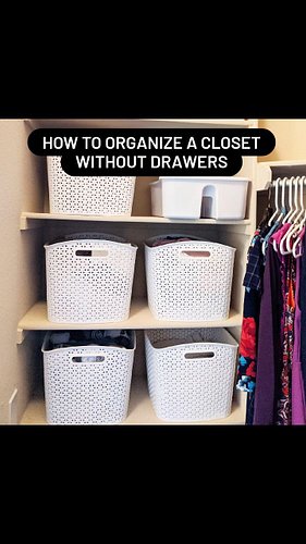 Organizing a closet without drawers can be tricky, but these large white y-weave bins from Target help to create drawers on t...