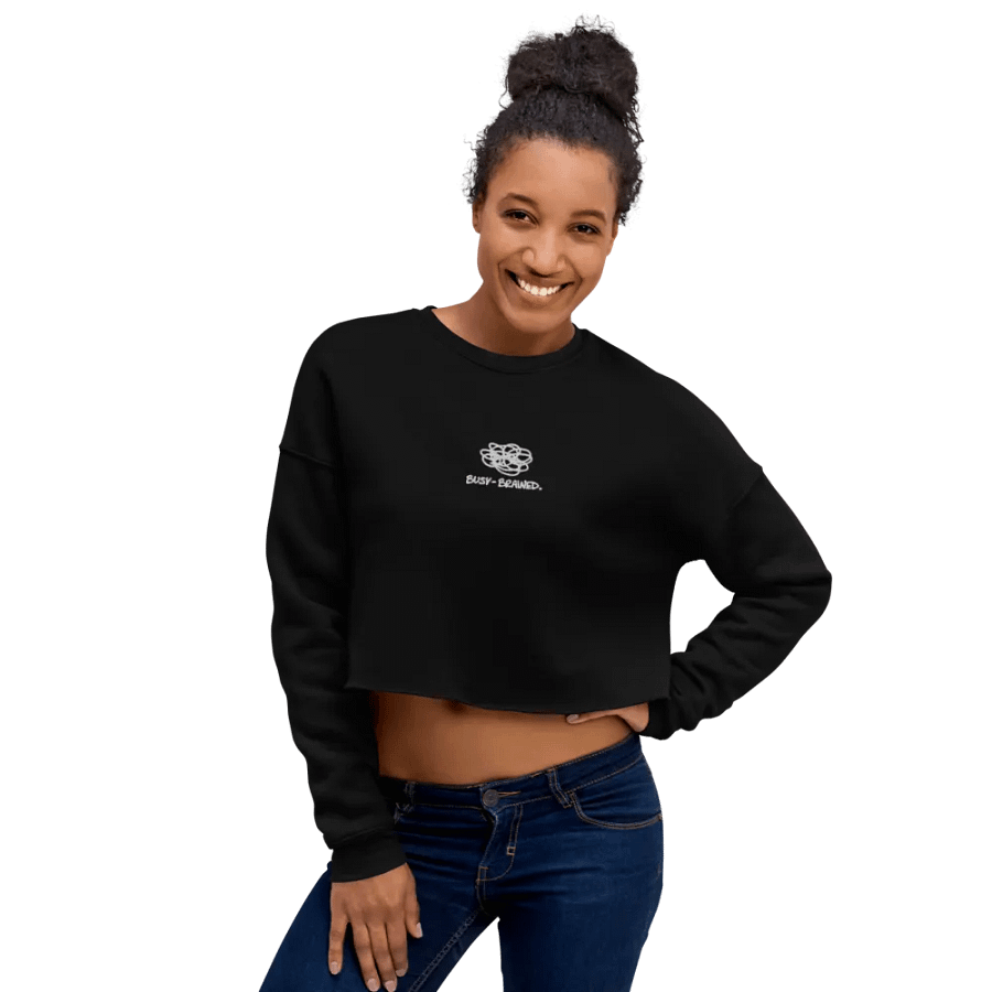 BUSY-BRAINED (white thread) embroidered fleece cropped crew product image (10)