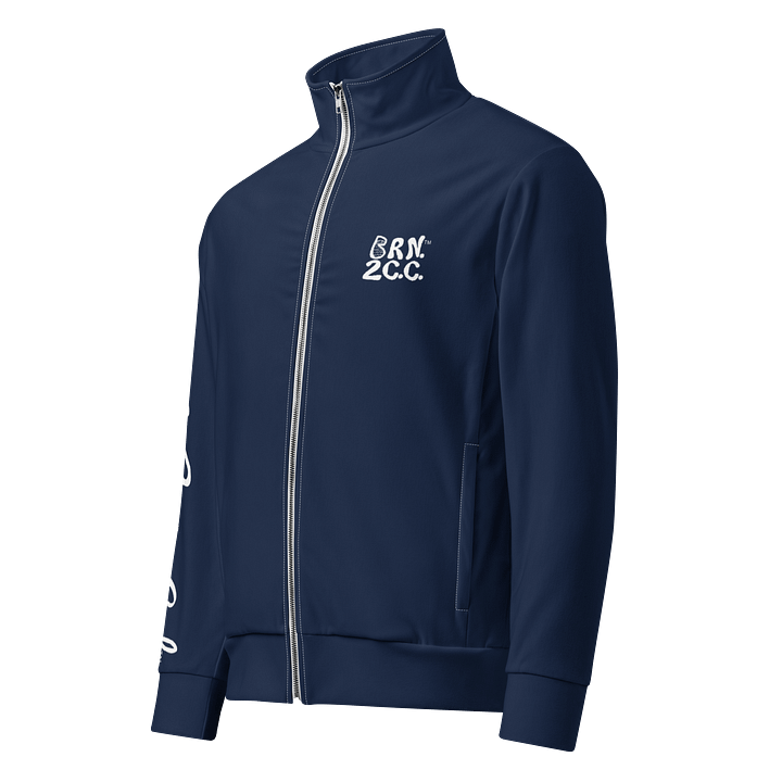 All-Over Print Recycled Track Jacket | Coastal Chill Meets Street Thrill | BOURNE to Cape Cod™ + BRN.2C.C.™ | White Logos on Navy Blue product image (1)