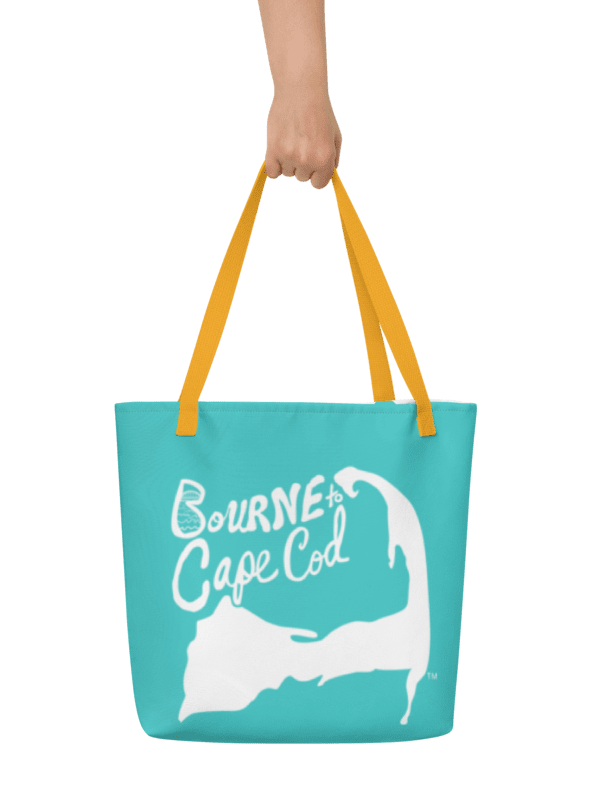 BOURNE to Cape Cod™ | Large Tote Bag with Pocket | Coastal Classic | All-Over Logo Print | White Logo on Dark Turquoise product image (1)