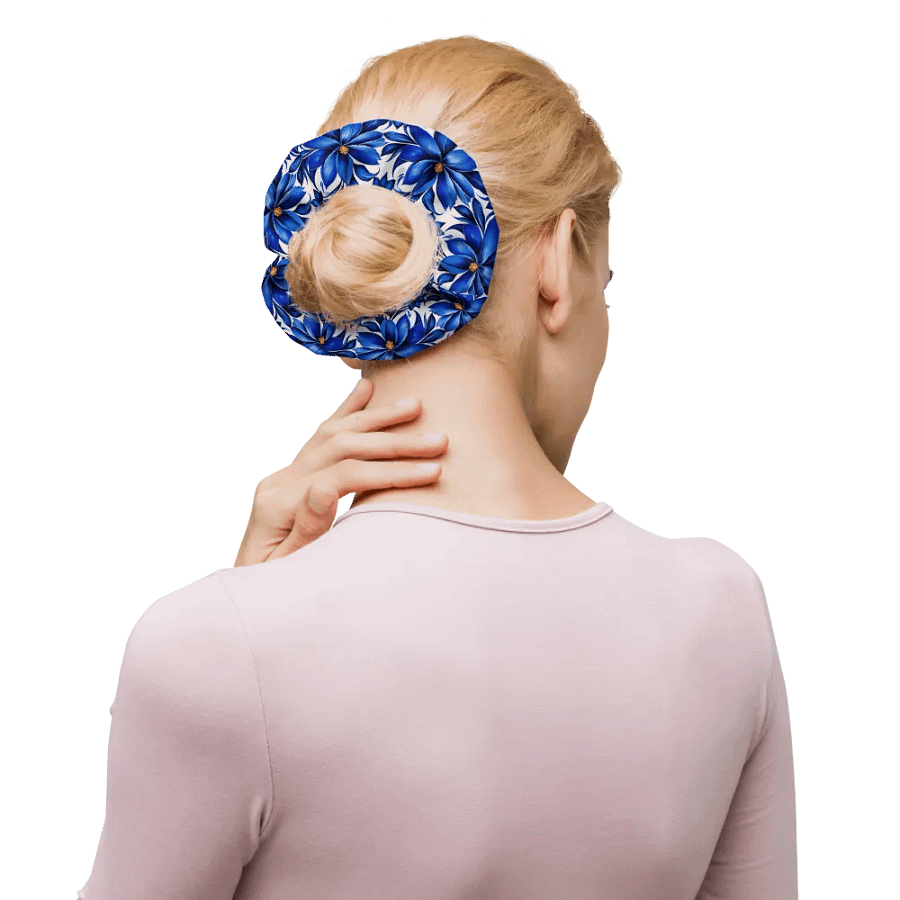 Hair Scrunchie - Painted Blue Flowers on White product image (10)