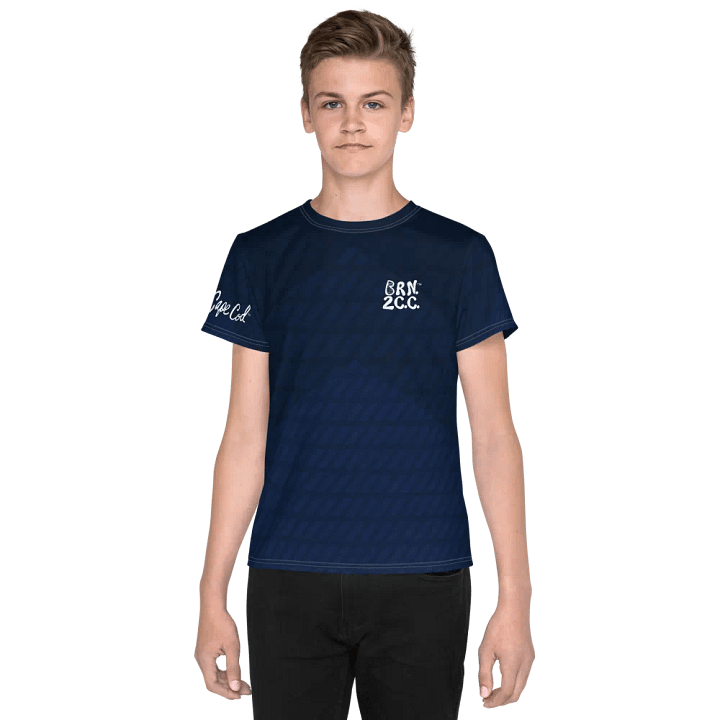 🦈 YOUTH | Boys’ | BOURNE to Cape Cod™ | Logo Tee – All-Over Print | BRN.2C.C.™ | Coastal Explorer Edition 🧭| White Logo on Dark Blue Abstract product image (1)