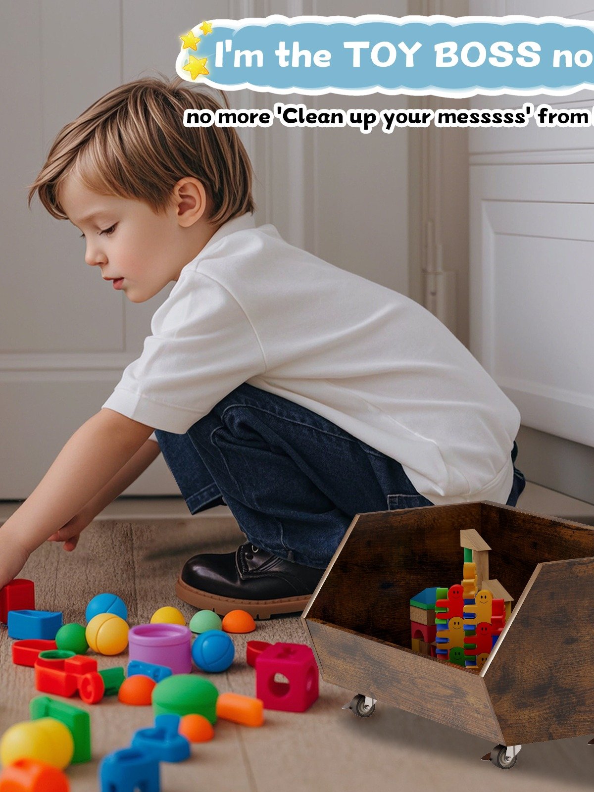 3-Tier Portable Toy Storage, Kids Toy Organizer W/2 Removable Bins with 4 Wheels（Brown) product image (4)