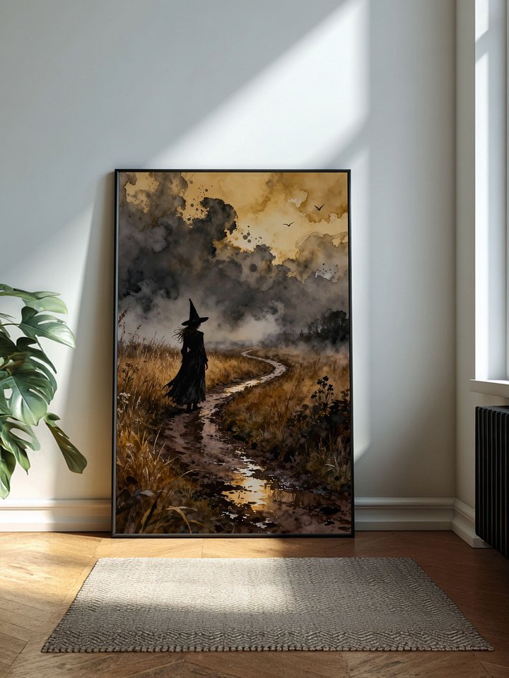 Moody Witch Watercolor Wall Art | Dark Forest Path Printable Art | Multiple Sizes | Instant Download product image (2)