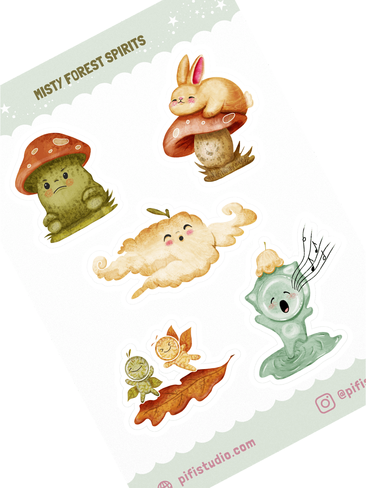 Misty Forest Spirits Sticker Sheet | Niru, Yuna, Kumo, Tari & Tori, Elo | Cute Cottagecore Fantasy Vinyl Stickers product image (1)