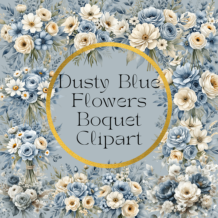 Dusty Blue Flowers bouquet Clipart Bundle product image (1)