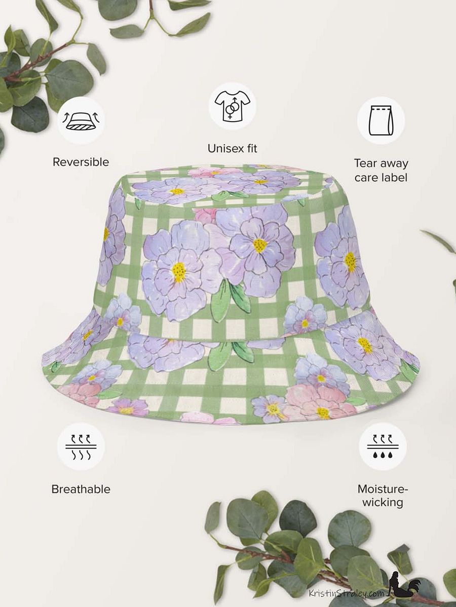 Reversible Bucket Hat Lavender Flowers on Gingham and Solid Plum product image (8)