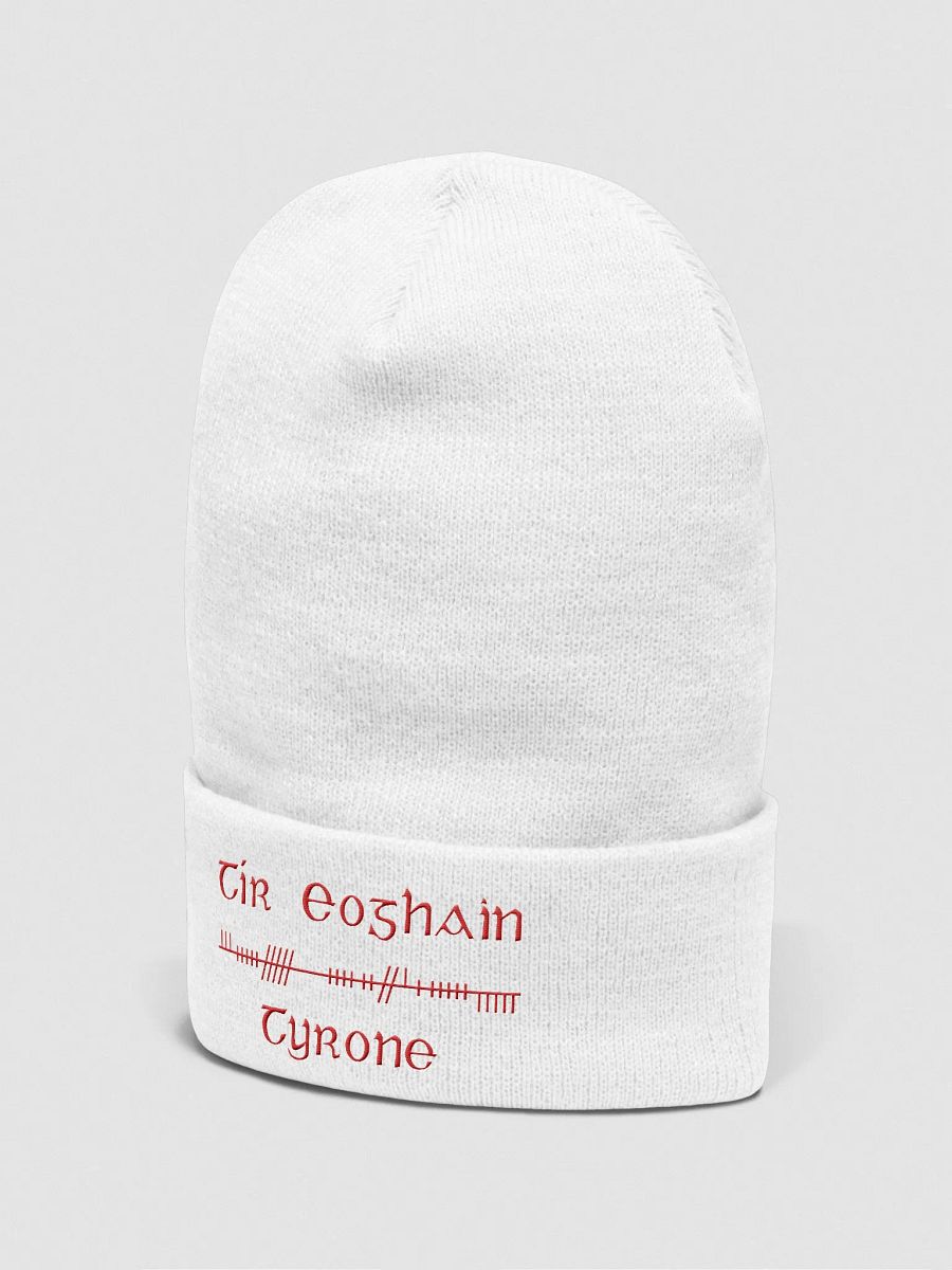 Tyrone/Tír Eoghain, Orthodox style Ogham, white with red, embroidered Cuffed Beanie product image (4)