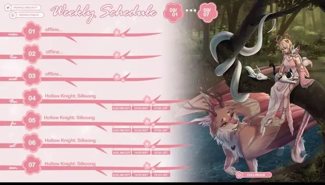 09/01-09/07 schedule !!! Come hang out while we play a game I’ve had on my wishlist since Dec 2019 #vtuber #streamer #indie #schedule 
