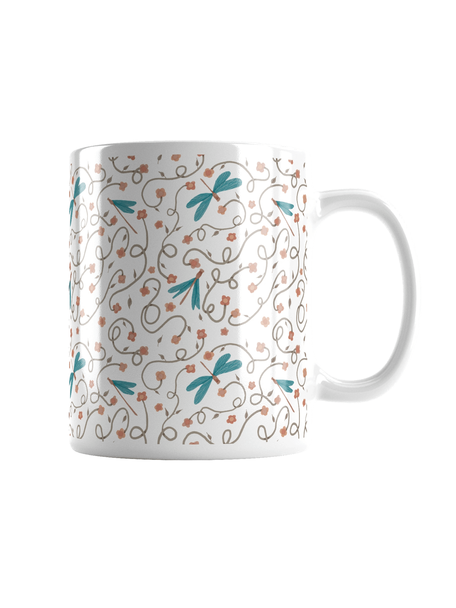 White glossy mug with dragonfly and floral pattern. Artistic nature inspired design product image (2)