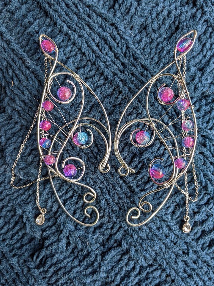 Wire Elf Ears - Long Silver with Bead and Chain Details product image (1)
