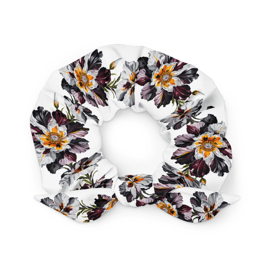 Hair Scrunchie - Painted Crimson, Black, and Yellow Flowers on White product image (2)