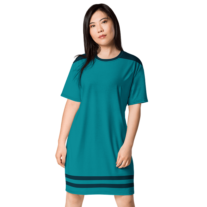 Exclusive Teal T-Shirt Dress with Navy Stripes - Oversized Fit product image (1)