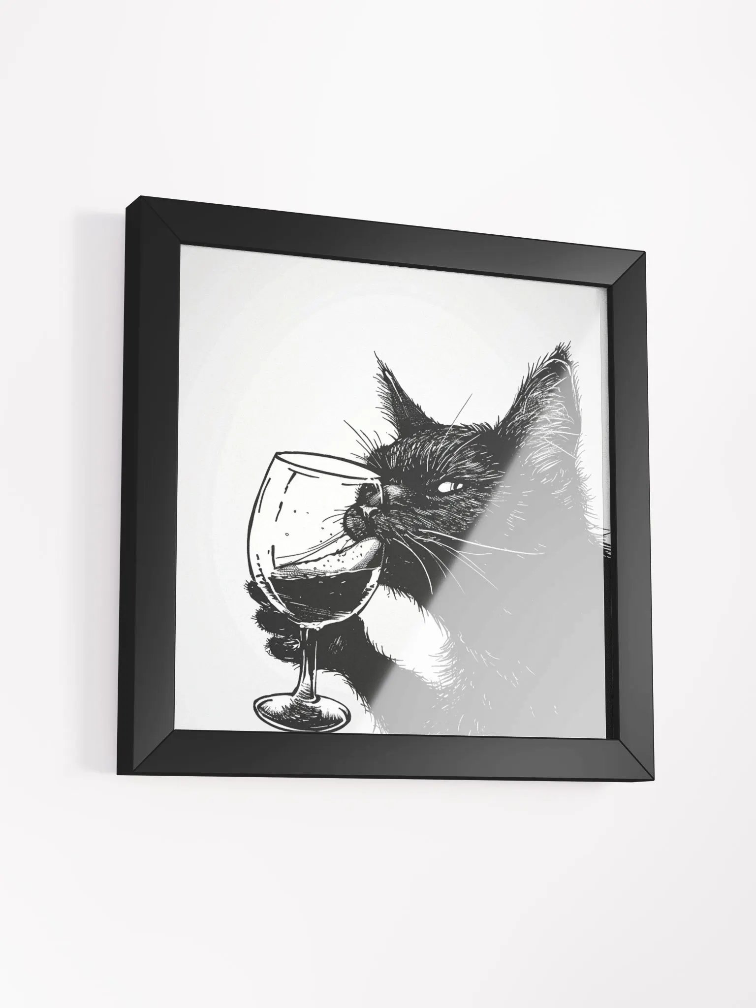 Black and White Drawing of Cat Drinking Wine Wall Art product image (23)
