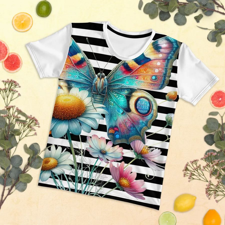 Whimsical Butterfly Fantasy Black Stripped Women's T-Shirt product image (5)