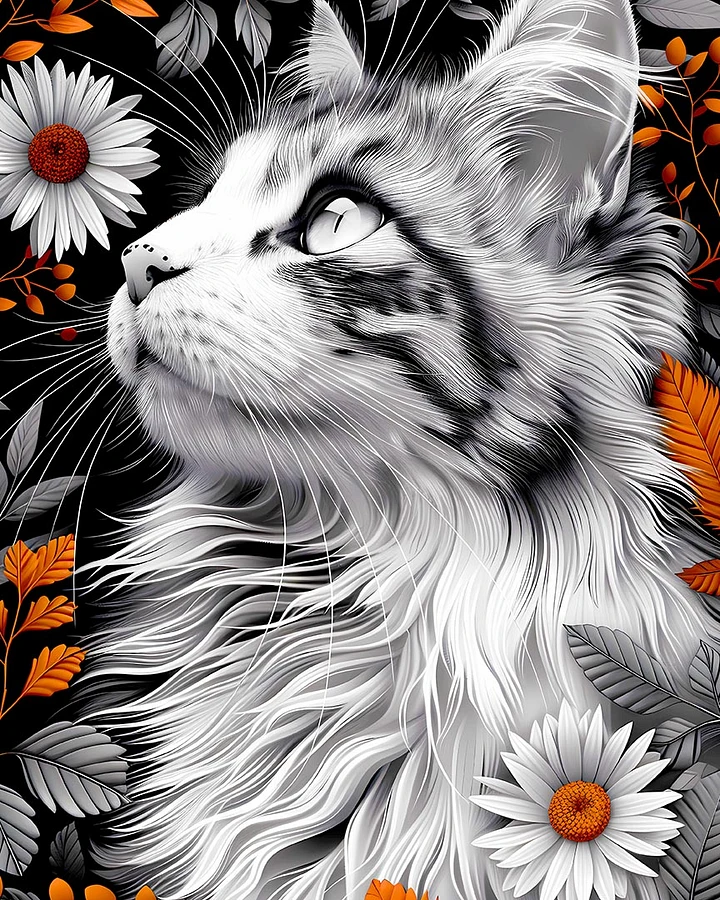Inquisitive Gaze: Monochrome Cat Amongst Vibrant Daisies Artwork Matte Poster product image (1)