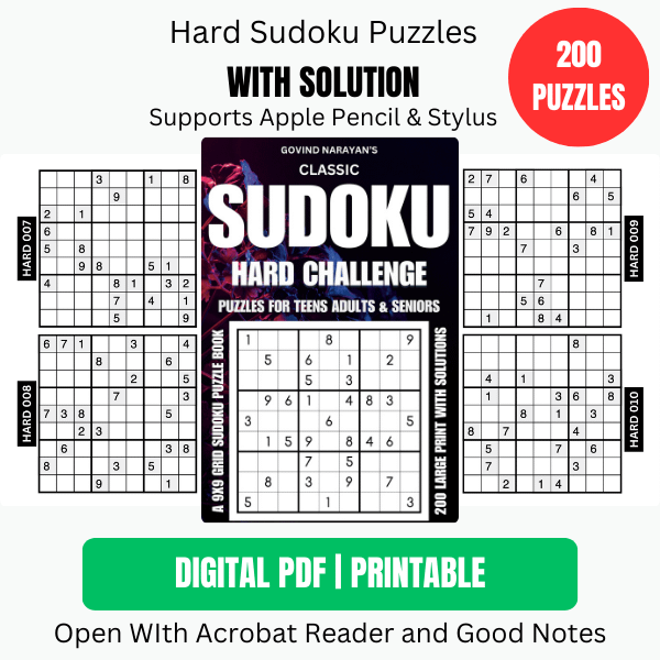 200 Classic Sudoku Hard Puzzle | Ebook | Printable product image (1)