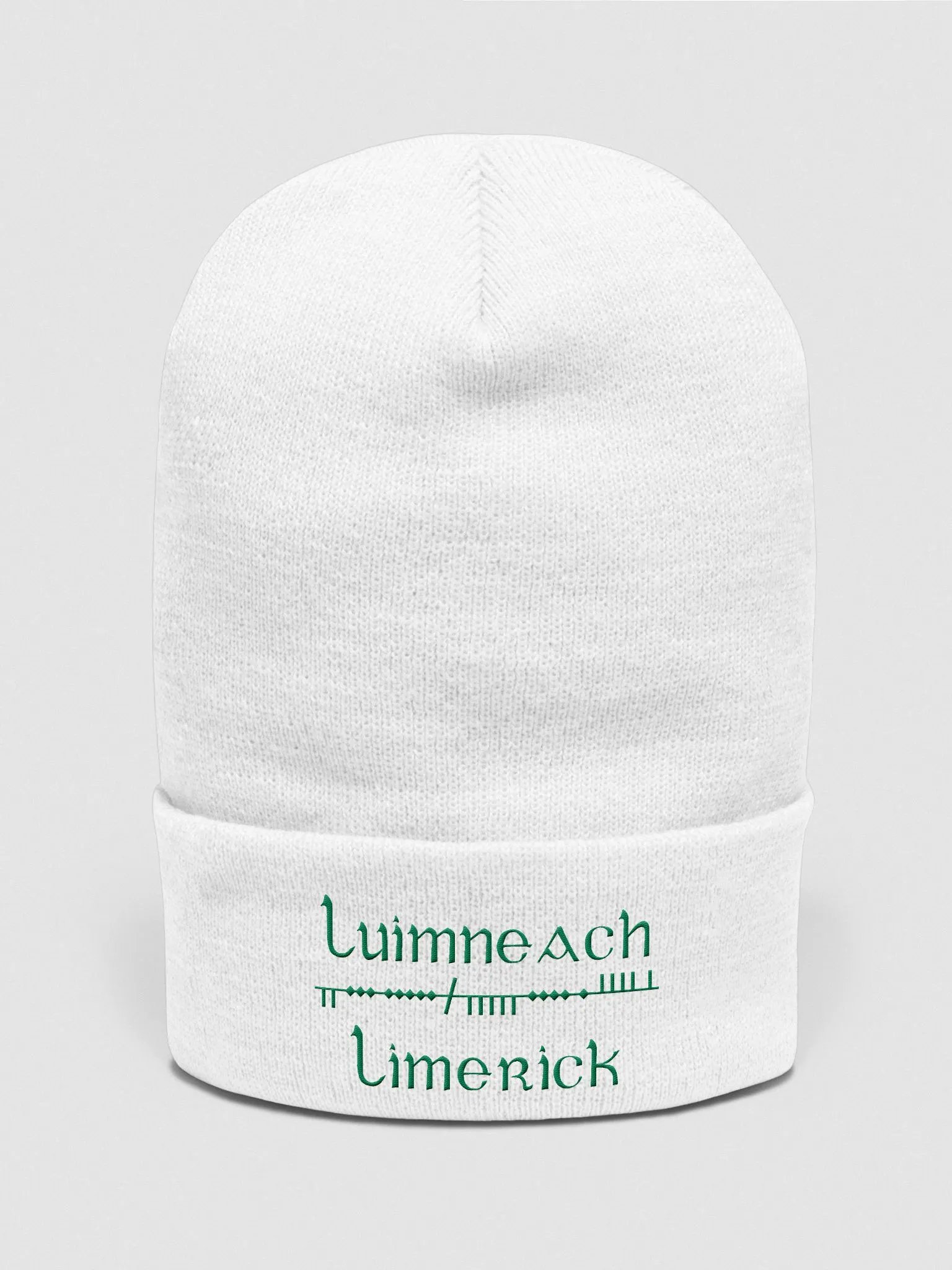 Limerick/Luimneach Scholastic style Ogham, white with green, embroidered Cuffed Beanie product image (1)