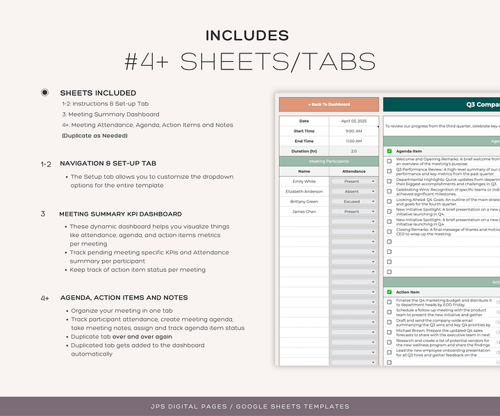Multiple Meeting + KPI Dashboard - Meeting Notes, Agenda, Action Items, and Dashboard, Notes (Google Sheets Template) product image (2)