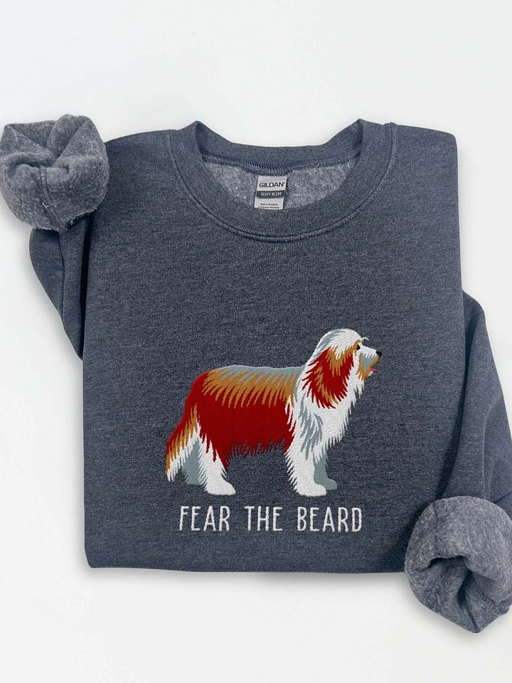 Fear the Beard Sweatshirt (Embroidered) of a Bearded Collie(Red & White) product image (1)