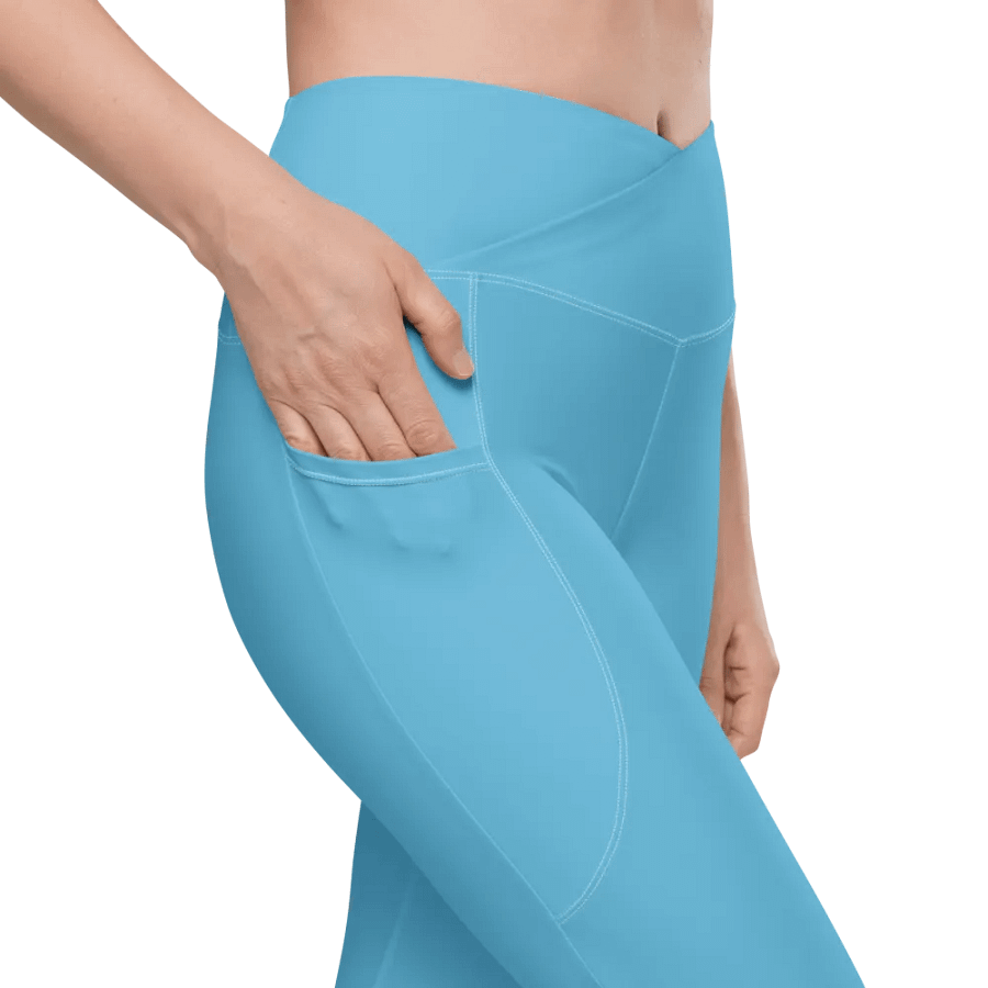 Plain Medium Light Blue Light Summer Women's High Waisted Premium Crossover Leggings with Pockets by Treasure Pie product image (8)
