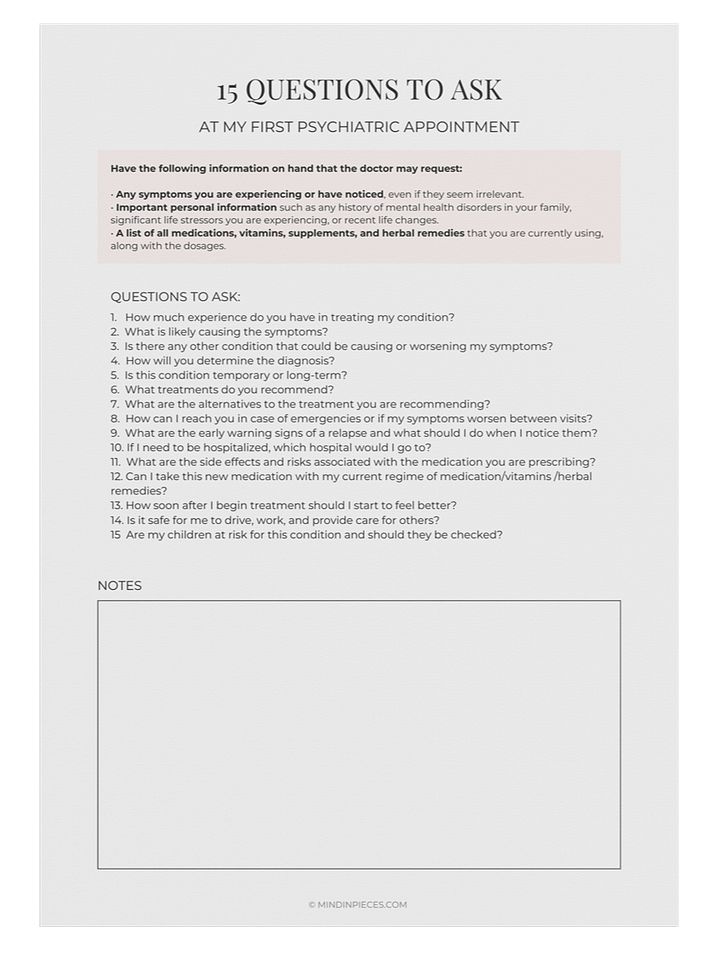 FREE Printable List of 15 Questions to Ask at Your First Psychiatric Appointment Digital Download product image (2)