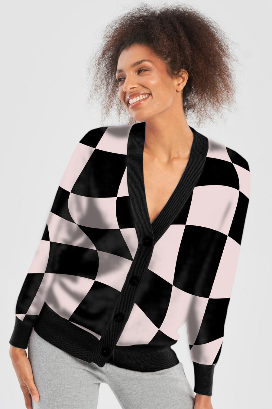 Distorted Check Pink Black Cardigan Sweater product image (11)