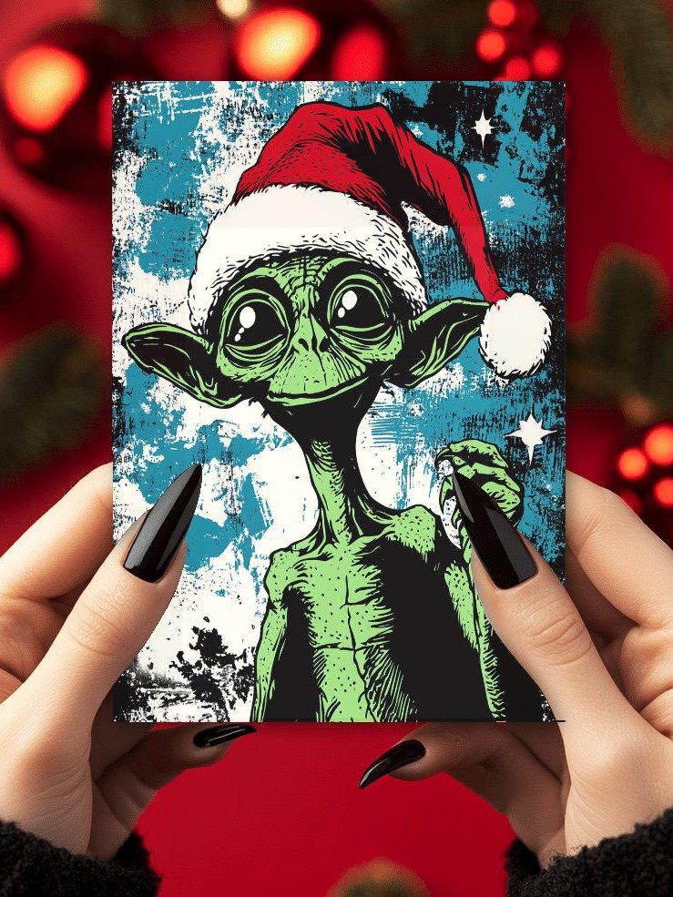 Retro Jolly Green Alien Christmas Cards Pack of 10 • 5×7 product image (1)