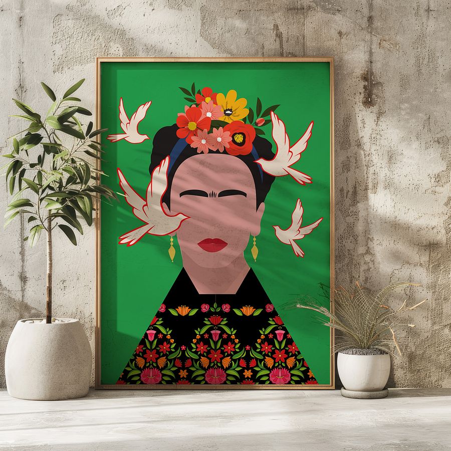 Frida Kahlo with Birds Folk Art Illustration Colorful Poster product image (6)