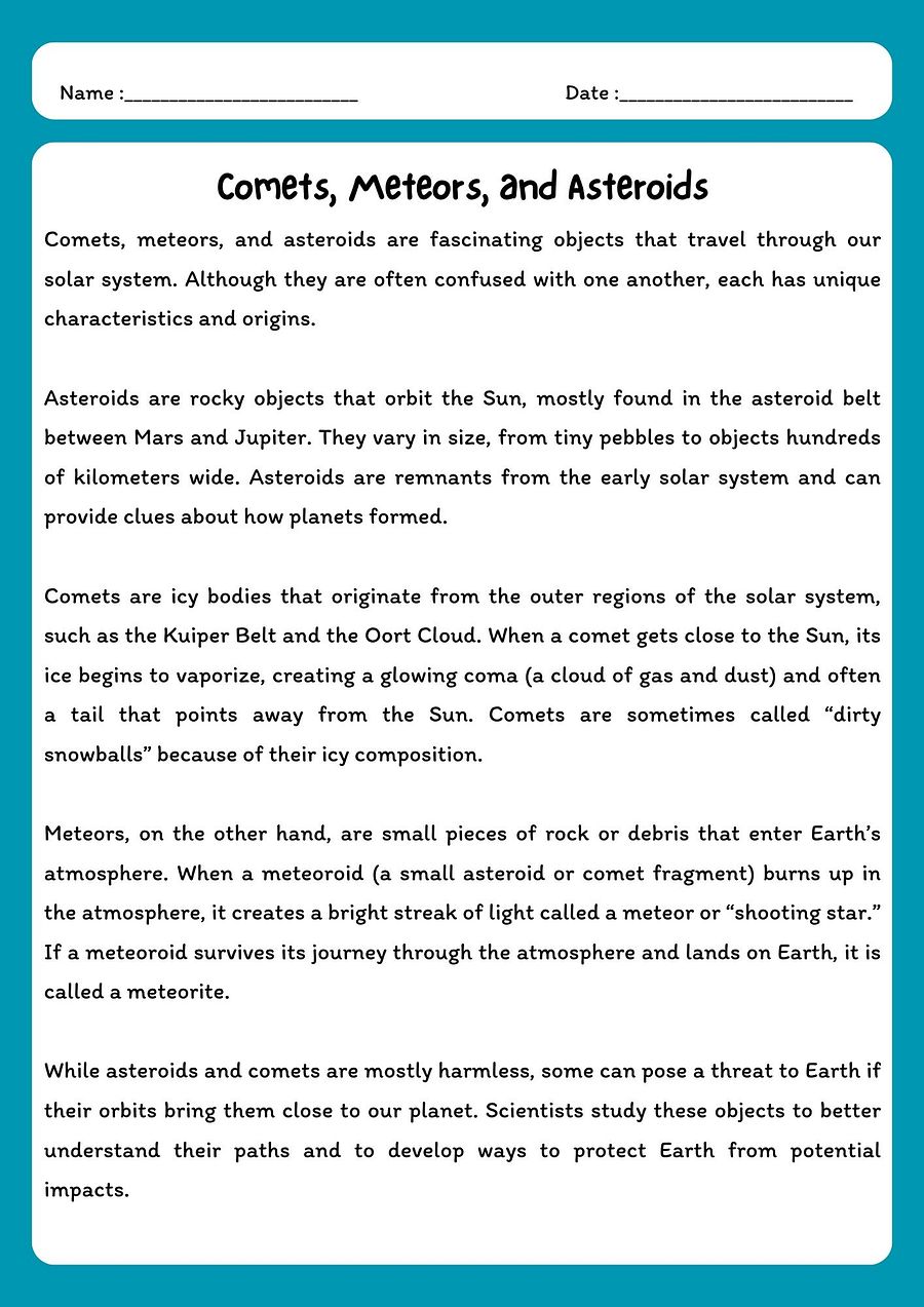 Comets, Meteors, and Asteroids Reading Comprehension with Questions product image (1)